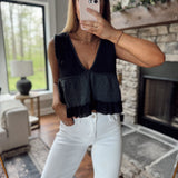 One With Nature Black V Neck Raw Hem Flowy Tank