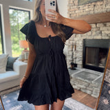 Reese Black Front Tie Short Sleeve Tiered Mini