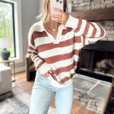 Rust Striped V Neck Knit Top