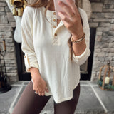 Tammy Cream 3/4 Tab Sleeve Henley Knit Top