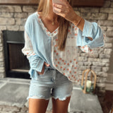 Shelly Sky Blue Multi Floral Print V Neck long Sleeve