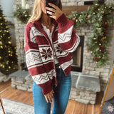 Simple Times Burgundy Multi Collared Zip Up Knit Sweater