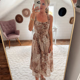 Taupe Mixed Pattern Corset Midi Dress