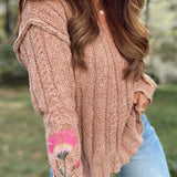 Mocha Flower Embroidered Cable Sweater Top