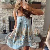 Vacation Mode Light Denim Embroidered Tank Mini