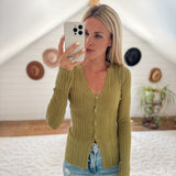 Bright Olive Clearly Alluring V Neck Button Down Knit Top