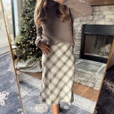 Mushroom Plaid Midi Skirt