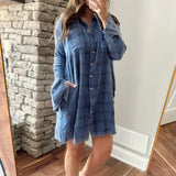 Autumn Days Cosmic Blue Mineral Washed Plaid Long Sleeve Dress