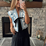 Jackie Powder Blue Rose Print Sweater Vest with Velvet Front Tie