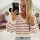 Lavender Latte V-Neck Cropped Striped Sweater IN STORE