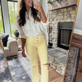 Risen Pale Yellow HR Straight Crop Button Fly Pants