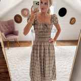 Khaki Plaid Ruffle Smocked Midi Dress