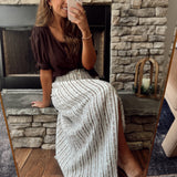 Cream Smocked Floral Striped Multi Button Down Maxi Skirt