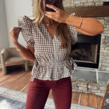 Brown Gingham Ruffle Peplum Top