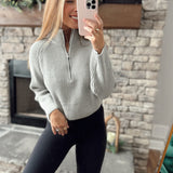 Straight Up Heather Grey Cropped Half Zip Knit Sweater