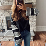 Nelda Black Top with Striped Sleeves
