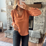 Boss Babe Terracotta Scallop Trim V-Neck Button Down Back Blouse