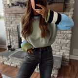 Go Getter Sage/Blue Multi Color Block Round Neck Cropped Sweater