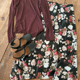 Vivid Blossoms Black Floral Print Asymmetrical Ruffle Hem Maxi