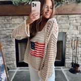 POL Beige American Flag Hooded Crochet Knit Pullover