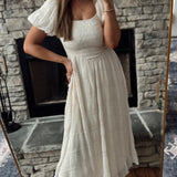 Heavenly Energy Ecru Square Neck Smocked Pleated Maxi