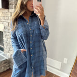 Autumn Days Cosmic Blue Mineral Washed Plaid Long Sleeve Dress
