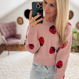 Pink Strawberry Crew Neck Cropped Sweater IN STORE