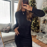 Dreamy Little Black Dress Long Sleeve Shirring Mini