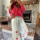 Floral Denim Twill Trim Wide Pants