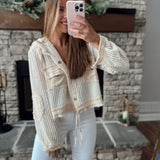 So Coastal Cream Multi Crochet Knit Hooded Cropped Button Down