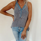 Darlene Denim Blue Mineral Wash Thermal Tank
