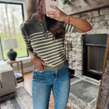 Olive/Cream Striped Balloon Short Sleeve Sweater