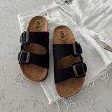 Black Ninah Slide Buckle Sandals