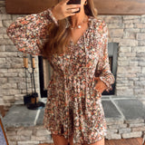 Brown Floral Mesh Belted Peasant Romper