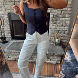 Navy Trendy Babe Linen Square Neck Button Down Sleeveless Top