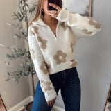 White/Brown Quiet Bloom Half Zip Sweater
