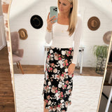 Vivid Blossoms Black Floral Print Asymmetrical Ruffle Hem Maxi