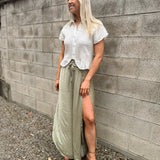 Del Rey Olive Curtain Hem Satin Pants