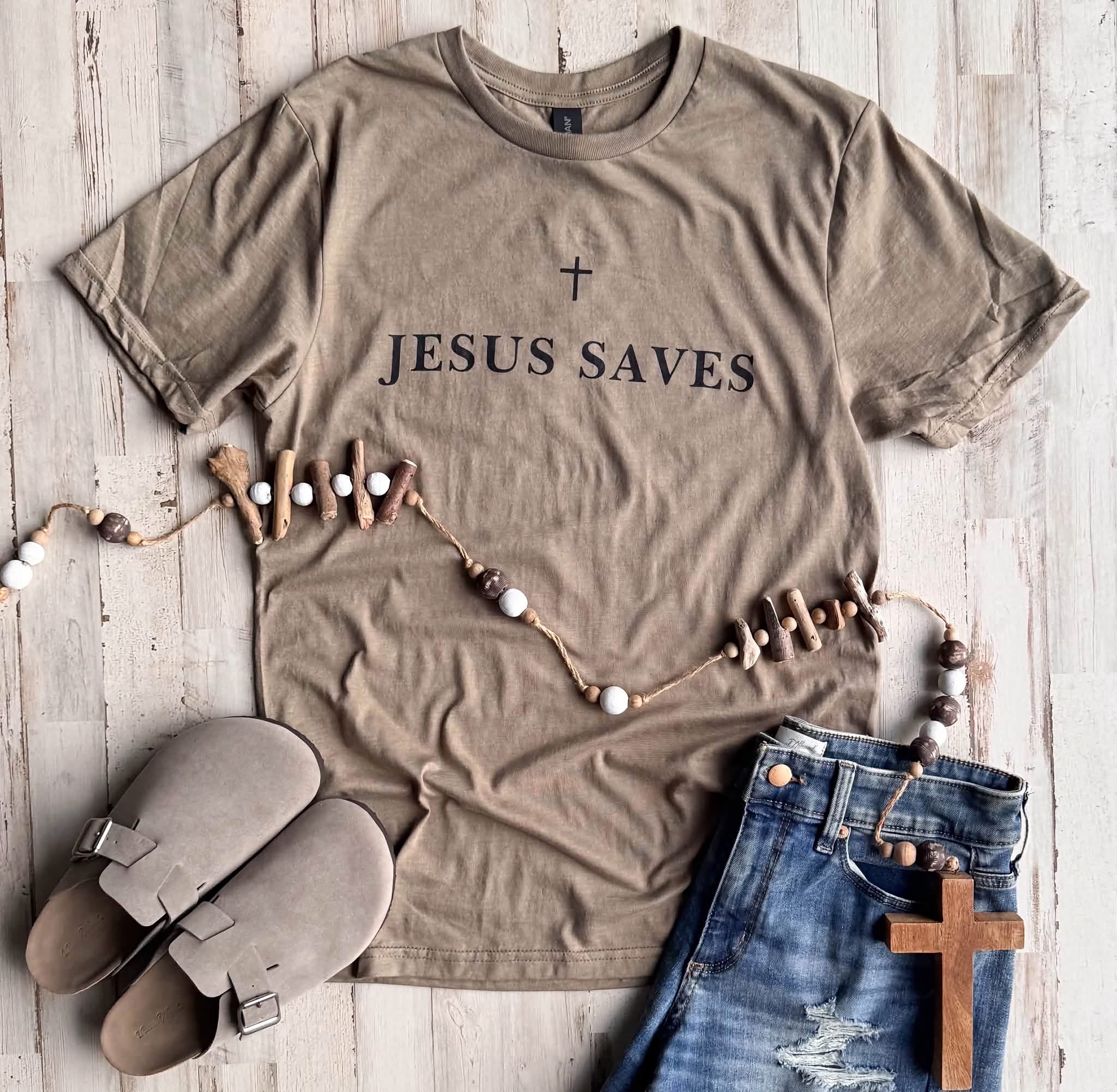 Taupe Tee - Jesus Saves Preorder