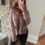Wine Time Plum Rib Knit Mineral Wash Hooded Sweater
