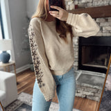 Oatmeal Floral Embroidered Sleeve Sweater