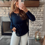 Elliana Navy Cinched & Tiered Crochet Long Sleeve