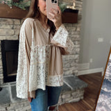 Beige Sweet & Delightful V-Neck Textured Baby Doll Long Sleeve