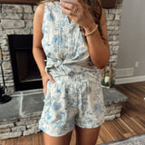 Prettiest Blue Blossoms Linen Shorts with Layered Hem