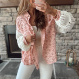 Rose Pink Floral Sweater Sleeve Gauze Button-Up