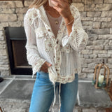 Warm Breeze Off White/Natural Floral Gauze/Mesh Mix Hooded Button Down