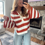 Rust & Cream Grommet Henley Sweater