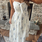 Harmony White/Blue Floral Embroidered Front Tie Maxi
