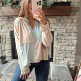Grayce Sand/Blue Color Block V-Neck Long Sleeve