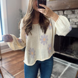 Cream Lilac Exposed Seam Flower Pattern Knit 3/4 Sleeve